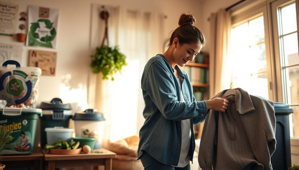 Person practicing sustainable lifestyle habits like reusing, recycling, and composting Person practicing sustainable lifestyle habits like reusing, recycling, and composting