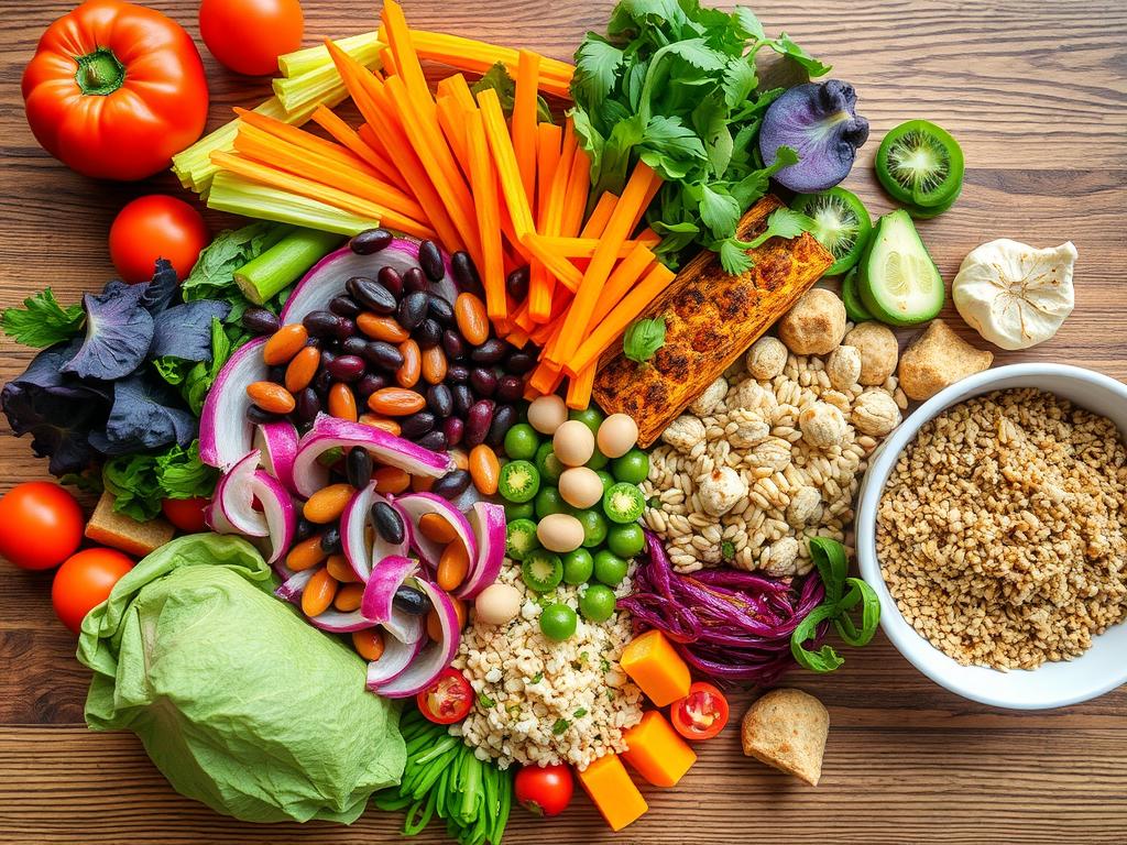 Plant-based meal with variety of vegetables, legumes, and whole grains Plant-based meal with variety of vegetables, legumes, and whole grains