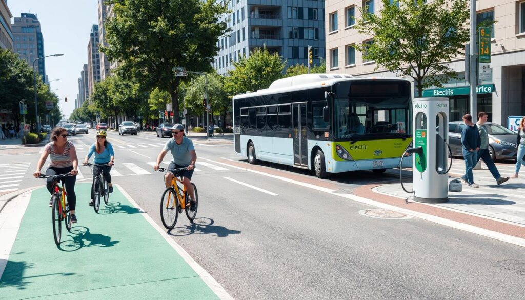 Sustainable transportation options including cycling, public transit, and electric vehicles Sustainable transportation options including cycling, public transit, and electric vehicles