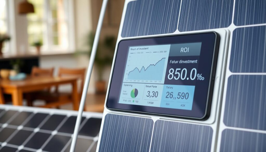 A close-up view of a solar panel's digital display, prominently showcasing a detailed ROI (Return on Investment) calculation. The display features clear, easy-to-read graphs, charts, and numerical data, highlighting the financial benefits of the solar panel installation. The background is a warm, welcoming home environment, suggesting the practical application of this technology in a residential setting. The lighting is soft and natural, accentuating the sleek, modern design of the solar panel and its digital interface. The overall mood is one of informative clarity, empowering the viewer to understand the financial viability of their solar panel investment. A close-up view of a solar panel's digital display, prominently showcasing a detailed ROI (Return on Investment) calculation. The display features clear, easy-to-read graphs, charts, and numerical data, highlighting the financial benefits of the solar panel installation. The background is a warm, welcoming home environment, suggesting the practical application of this technology in a residential setting. The lighting is soft and natural, accentuating the sleek, modern design of the solar panel and its digital interface. The overall mood is one of informative clarity, empowering the viewer to understand the financial viability of their solar panel investment.