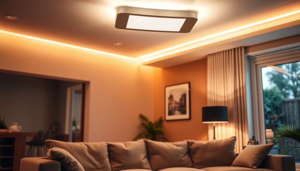 A cozy living room with a modern, minimalist design. Soft, warm lighting emanates from a sleek, rectangular smart lighting fixture mounted on the ceiling, casting a gentle glow throughout the space. A comfortable, plush sofa sits in the foreground, inviting relaxation. The walls are painted in a soothing, earthy tone, and a large window in the background allows natural light to filter in, creating a harmonious balance. The overall atmosphere is calming and conducive to enhancing one's mood through the intelligent control of the lighting. A cozy living room with a modern, minimalist design. Soft, warm lighting emanates from a sleek, rectangular smart lighting fixture mounted on the ceiling, casting a gentle glow throughout the space. A comfortable, plush sofa sits in the foreground, inviting relaxation. The walls are painted in a soothing, earthy tone, and a large window in the background allows natural light to filter in, creating a harmonious balance. The overall atmosphere is calming and conducive to enhancing one's mood through the intelligent control of the lighting.
