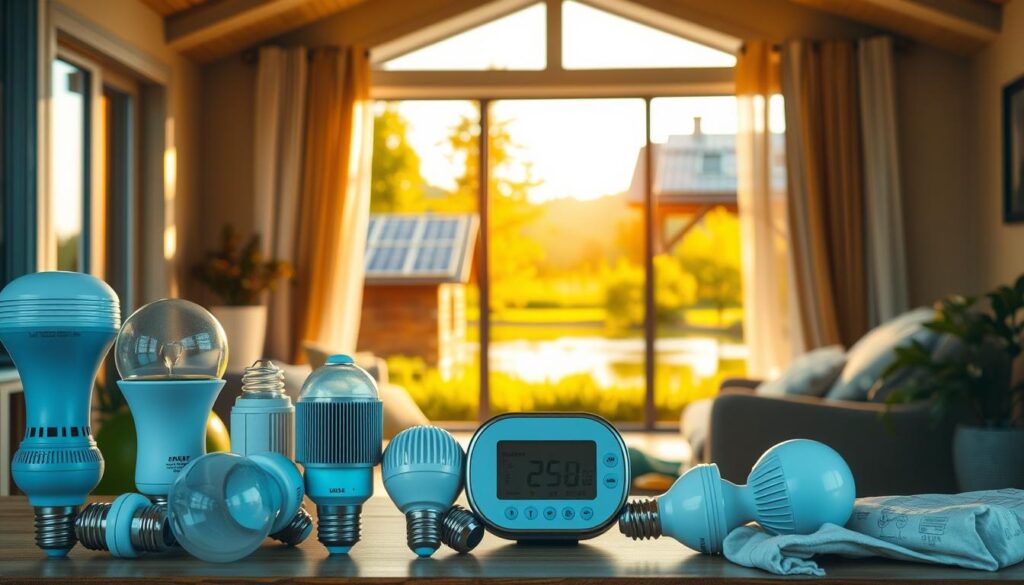A cozy, well-lit home interior with various energy-saving recommendations prominently displayed. In the foreground, a selection of LED light bulbs, programmable thermostats, and insulation materials are neatly arranged. In the middle ground, solar panels are installed on the roof, visible through a large window. The background features a lush, sustainable landscape with trees and a tranquil pond, bathed in warm, golden afternoon light. The overall atmosphere conveys a sense of eco-friendly living, practicality, and environmental consciousness. A cozy, well-lit home interior with various energy-saving recommendations prominently displayed. In the foreground, a selection of LED light bulbs, programmable thermostats, and insulation materials are neatly arranged. In the middle ground, solar panels are installed on the roof, visible through a large window. The background features a lush, sustainable landscape with trees and a tranquil pond, bathed in warm, golden afternoon light. The overall atmosphere conveys a sense of eco-friendly living, practicality, and environmental consciousness.