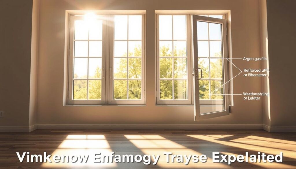 A cross-section of energy-efficient windows, showcasing their advanced multi-pane design and insulating materials. The windows are bathed in warm, natural daylight, casting gentle shadows and reflections across a minimalist, contemporary interior. The frame materials, such as reinforced uPVC or fiberglass, are highlighted to demonstrate their durability and thermal efficiency. Subtle details like weather-stripping and argon gas fills are visible, illustrating the comprehensive engineering behind these windows. The overall scene conveys a sense of comfort, sustainability, and cost-savings, aligning with the "Window Efficiency Ratings Explained" section of the article. A cross-section of energy-efficient windows, showcasing their advanced multi-pane design and insulating materials. The windows are bathed in warm, natural daylight, casting gentle shadows and reflections across a minimalist, contemporary interior. The frame materials, such as reinforced uPVC or fiberglass, are highlighted to demonstrate their durability and thermal efficiency. Subtle details like weather-stripping and argon gas fills are visible, illustrating the comprehensive engineering behind these windows. The overall scene conveys a sense of comfort, sustainability, and cost-savings, aligning with the "Window Efficiency Ratings Explained" section of the article.