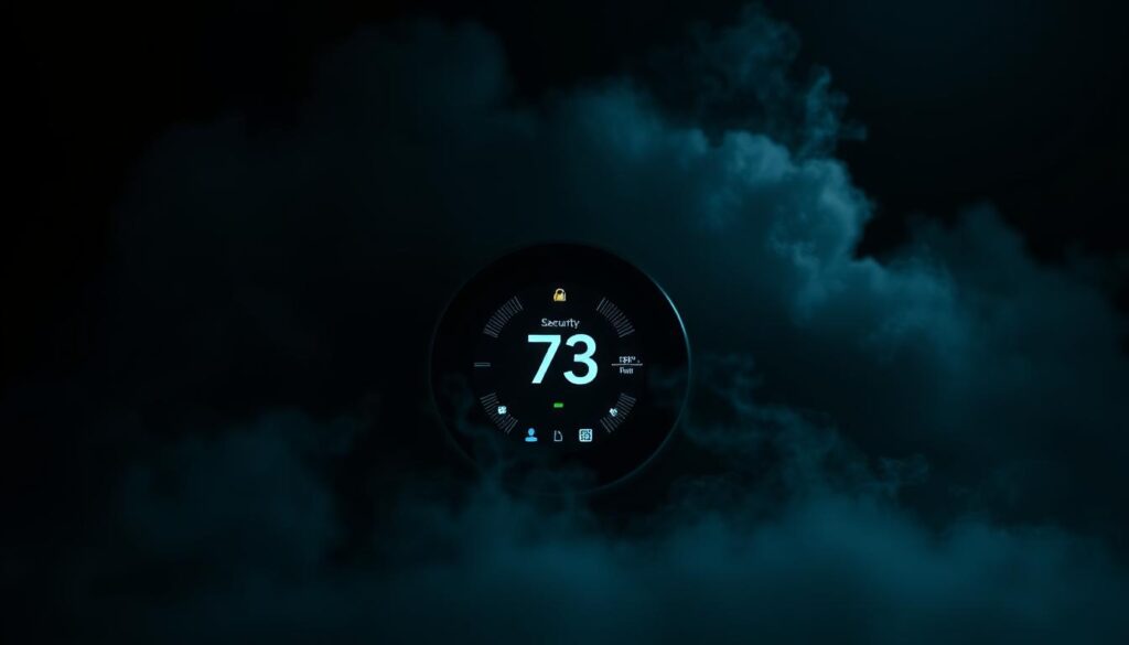 A dark, ominous scene of a smart thermostat surrounded by cloud-like shadows, symbolizing security risks, privacy issues, and reliability concerns. The thermostat is positioned in the foreground, casting an unsettling presence. In the middle ground, glitching digital interfaces and data streams suggest vulnerabilities. The background is shrouded in an unsettling haze, creating an atmosphere of unease and uncertainty. Dramatic, high-contrast lighting casts dramatic shadows, emphasizing the sense of foreboding. A cinematic, dystopian tone captures the complex challenges of adopting smart home technologies. A dark, ominous scene of a smart thermostat surrounded by cloud-like shadows, symbolizing security risks, privacy issues, and reliability concerns. The thermostat is positioned in the foreground, casting an unsettling presence. In the middle ground, glitching digital interfaces and data streams suggest vulnerabilities. The background is shrouded in an unsettling haze, creating an atmosphere of unease and uncertainty. Dramatic, high-contrast lighting casts dramatic shadows, emphasizing the sense of foreboding. A cinematic, dystopian tone captures the complex challenges of adopting smart home technologies.