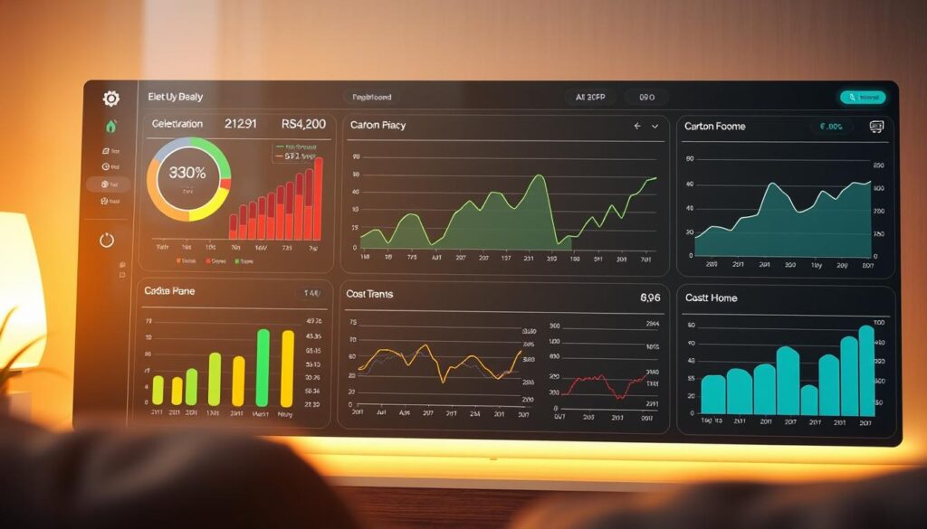 A detailed energy consumption analysis dashboard, showcasing real-time data visualizations of electricity usage, carbon footprint, and cost trends for a modern smart home. Sleek, minimalist interface with intuitive graphs, charts, and interactive controls. Backlit by a warm, diffused lighting scheme that creates a calming, analytical atmosphere. Rendered in a high-resolution, photorealistic style with a slightly muted color palette to emphasize the informational content. Precise camera angle and tight framing to focus attention on the key data insights. A detailed energy consumption analysis dashboard, showcasing real-time data visualizations of electricity usage, carbon footprint, and cost trends for a modern smart home. Sleek, minimalist interface with intuitive graphs, charts, and interactive controls. Backlit by a warm, diffused lighting scheme that creates a calming, analytical atmosphere. Rendered in a high-resolution, photorealistic style with a slightly muted color palette to emphasize the informational content. Precise camera angle and tight framing to focus attention on the key data insights.