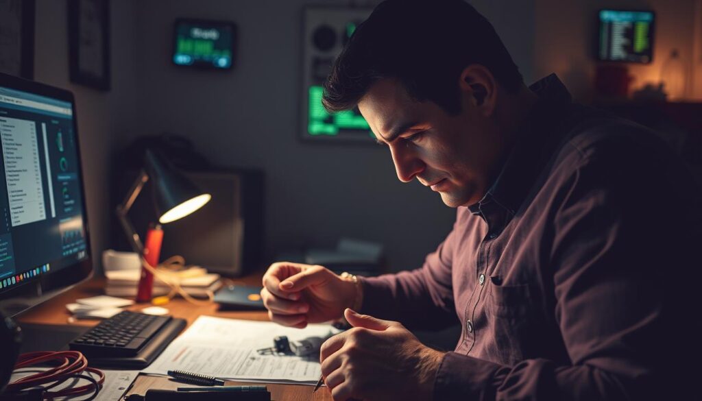 A dimly lit home office with a desktop computer, tools, and technical diagrams scattered across the desk. The user intently examines a circuit board, brow furrowed in concentration, as they troubleshoot a complex wiring issue. Soft ambient lighting from a desk lamp casts shadows, highlighting the tension and focus of the scene. In the background, a wall-mounted energy monitoring display flickers with data, hinting at the broader context of the troubleshooting efforts. The overall atmosphere conveys a sense of problem-solving, with the user determined to resolve the technical challenges at hand. A dimly lit home office with a desktop computer, tools, and technical diagrams scattered across the desk. The user intently examines a circuit board, brow furrowed in concentration, as they troubleshoot a complex wiring issue. Soft ambient lighting from a desk lamp casts shadows, highlighting the tension and focus of the scene. In the background, a wall-mounted energy monitoring display flickers with data, hinting at the broader context of the troubleshooting efforts. The overall atmosphere conveys a sense of problem-solving, with the user determined to resolve the technical challenges at hand.