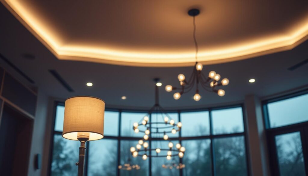 A modern, minimalist interior with sleek, recessed lighting fixtures in the ceiling, casting a warm, ambient glow throughout the space. In the foreground, a stylish table lamp with a cylindrical shade emits a soft, diffused light, complementing the overall lighting scheme. In the middle ground, a large, minimalist chandelier hangs gracefully, its minimalist design and LED bulbs showcasing the latest smart lighting trends. The background features floor-to-ceiling windows, allowing natural daylight to filter in and create a harmonious balance between artificial and natural illumination. A modern, minimalist interior with sleek, recessed lighting fixtures in the ceiling, casting a warm, ambient glow throughout the space. In the foreground, a stylish table lamp with a cylindrical shade emits a soft, diffused light, complementing the overall lighting scheme. In the middle ground, a large, minimalist chandelier hangs gracefully, its minimalist design and LED bulbs showcasing the latest smart lighting trends. The background features floor-to-ceiling windows, allowing natural daylight to filter in and create a harmonious balance between artificial and natural illumination.