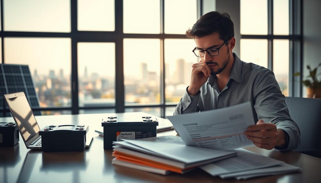 A modern office setting with a large desk, laptop, and stacks of financial documents. Soft, natural lighting filters through floor-to-ceiling windows, casting a warm glow on the scene. In the foreground, a financial advisor reviews paperwork, deep in thought, as they consider options for financing a home battery storage system. The middle ground features various battery models and technical specifications, conveying the technical and financial considerations. The background showcases a cityscape with renewable energy sources like solar panels, emphasizing the sustainable and forward-looking nature of the subject matter. A modern office setting with a large desk, laptop, and stacks of financial documents. Soft, natural lighting filters through floor-to-ceiling windows, casting a warm glow on the scene. In the foreground, a financial advisor reviews paperwork, deep in thought, as they consider options for financing a home battery storage system. The middle ground features various battery models and technical specifications, conveying the technical and financial considerations. The background showcases a cityscape with renewable energy sources like solar panels, emphasizing the sustainable and forward-looking nature of the subject matter.