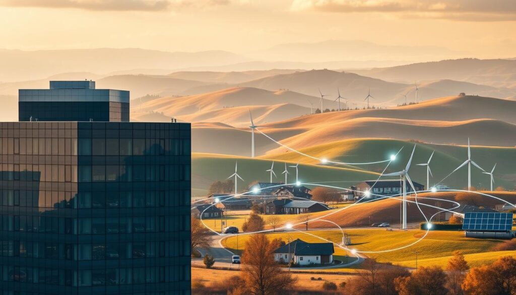 A modern, sleek governmental building stands in the foreground, its glass facade reflecting the sky and surrounding landscape. In the middle ground, a stylized Smart Grid network pulses with energy, connecting homes and businesses. The background features rolling hills dotted with wind turbines and solar panels, symbolizing the clean, renewable energy incentives. Warm, diffused lighting casts a sense of progress and innovation. The scene conveys the harmonious integration of government regulations and Smart Grid technology, working together to revolutionize home energy use. A modern, sleek governmental building stands in the foreground, its glass facade reflecting the sky and surrounding landscape. In the middle ground, a stylized Smart Grid network pulses with energy, connecting homes and businesses. The background features rolling hills dotted with wind turbines and solar panels, symbolizing the clean, renewable energy incentives. Warm, diffused lighting casts a sense of progress and innovation. The scene conveys the harmonious integration of government regulations and Smart Grid technology, working together to revolutionize home energy use.