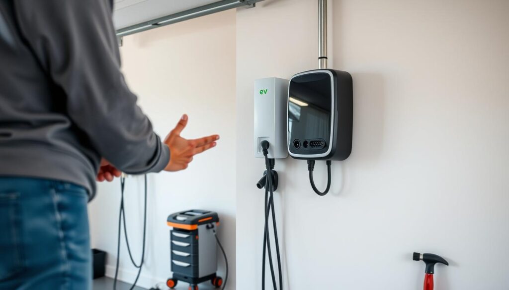 A modern, well-lit garage interior with a prominent EV charging station installed on the wall. The station has a sleek, minimalist design with various ports and connectors. In the foreground, a person in casual attire is carefully examining the charging station, their hands gesturing towards the different features. The middle ground shows the garage space, with tools and equipment neatly organized, suggesting a professional installation process. The background features a clean, neutral-toned wall, creating a sense of order and focus on the EV charging station as the central element. The overall atmosphere conveys a sense of efficiency, attention to detail, and the integration of advanced technology into a home setting. A modern, well-lit garage interior with a prominent EV charging station installed on the wall. The station has a sleek, minimalist design with various ports and connectors. In the foreground, a person in casual attire is carefully examining the charging station, their hands gesturing towards the different features. The middle ground shows the garage space, with tools and equipment neatly organized, suggesting a professional installation process. The background features a clean, neutral-toned wall, creating a sense of order and focus on the EV charging station as the central element. The overall atmosphere conveys a sense of efficiency, attention to detail, and the integration of advanced technology into a home setting.