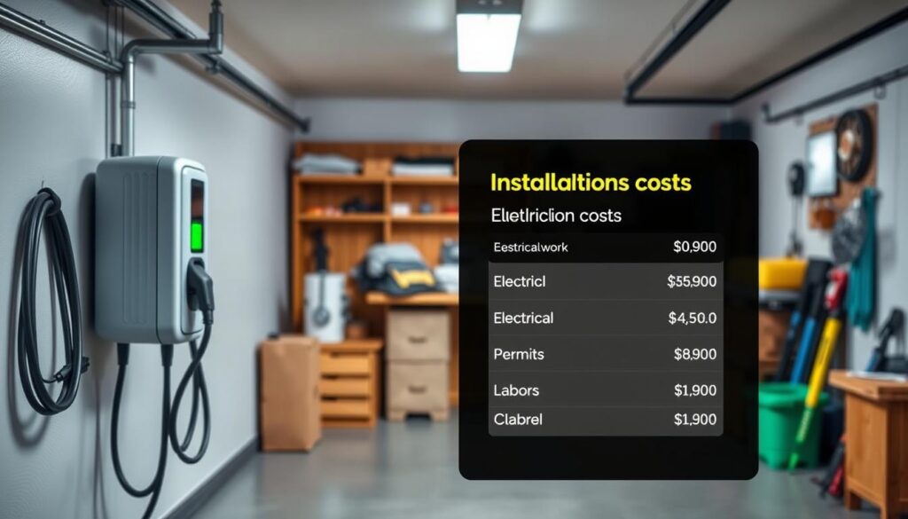 A modern, well-lit garage interior with an electric vehicle charging station prominently displayed in the foreground. The charger is sleek and minimalist in design, mounted neatly on the wall. In the middle ground, a detailed breakdown of installation costs, including electrical work, permits, and labor, is shown on a digital display or tablet. The background depicts a cozy, organized workspace, with tools and supplies suggesting a DIY-friendly environment. The overall mood is informative, practical, and visually appealing, reflecting the technical nature of the subject and the desire to help the viewer understand the costs involved in setting up a home EV charging station. A modern, well-lit garage interior with an electric vehicle charging station prominently displayed in the foreground. The charger is sleek and minimalist in design, mounted neatly on the wall. In the middle ground, a detailed breakdown of installation costs, including electrical work, permits, and labor, is shown on a digital display or tablet. The background depicts a cozy, organized workspace, with tools and supplies suggesting a DIY-friendly environment. The overall mood is informative, practical, and visually appealing, reflecting the technical nature of the subject and the desire to help the viewer understand the costs involved in setting up a home EV charging station.