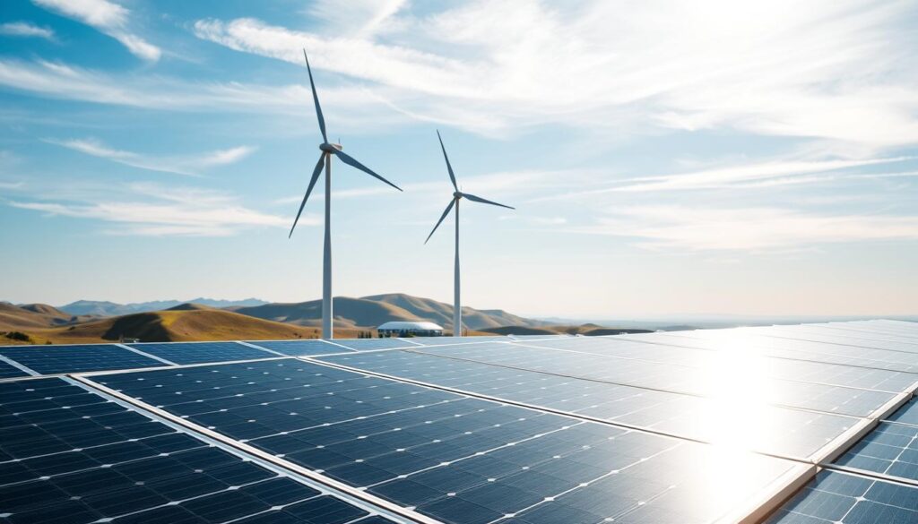 A serene, minimalist landscape showcasing the integration of renewable energy sources. In the foreground, sleek, modern solar panels catch the sun's rays, their glossy surfaces reflecting the bright sky above. In the middle ground, a wind turbine stands tall, its graceful blades spinning gently in the breeze. The background features rolling hills and a distant horizon, with a clear, blue sky dotted with wispy clouds. The overall scene conveys a sense of harmony and balance between nature and sustainable technology, creating a visually striking and environmentally conscious tableau. A serene, minimalist landscape showcasing the integration of renewable energy sources. In the foreground, sleek, modern solar panels catch the sun's rays, their glossy surfaces reflecting the bright sky above. In the middle ground, a wind turbine stands tall, its graceful blades spinning gently in the breeze. The background features rolling hills and a distant horizon, with a clear, blue sky dotted with wispy clouds. The overall scene conveys a sense of harmony and balance between nature and sustainable technology, creating a visually striking and environmentally conscious tableau.