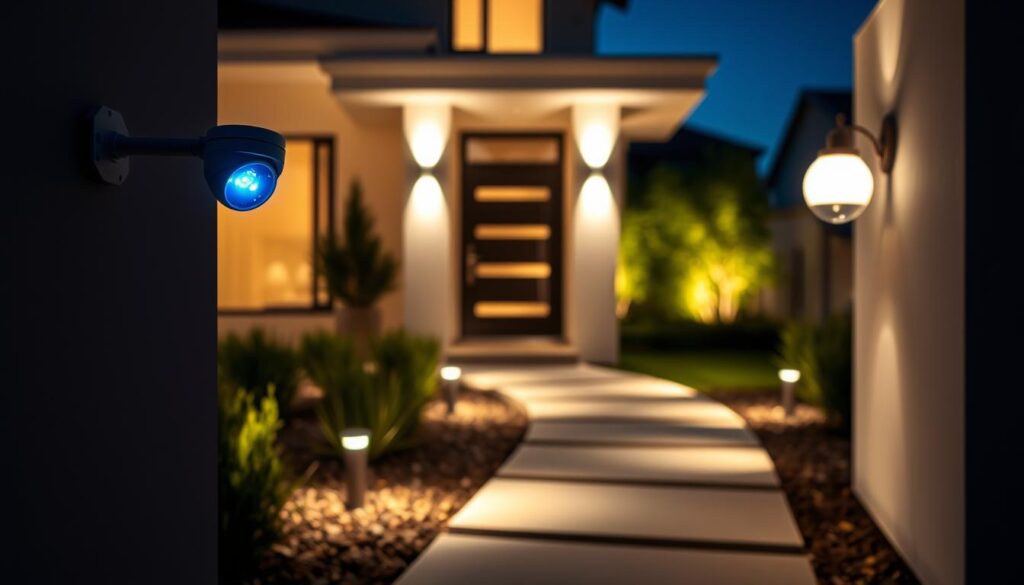 A sleek, modern home exterior at night, with a well-lit pathway leading to the front door. In the foreground, a discreet security camera mounted on the wall, its blue LED indicating active surveillance. The pathway is illuminated by a series of stylish, minimalist light fixtures that automatically activate as motion is detected, creating a welcoming and secure atmosphere. In the background, the house is bathed in a warm, ambient glow from strategically placed smart bulbs, their brightness and color temperature adjusted for maximum energy efficiency and mood enhancement. The scene conveys a sense of safety, technology, and thoughtful home design. A sleek, modern home exterior at night, with a well-lit pathway leading to the front door. In the foreground, a discreet security camera mounted on the wall, its blue LED indicating active surveillance. The pathway is illuminated by a series of stylish, minimalist light fixtures that automatically activate as motion is detected, creating a welcoming and secure atmosphere. In the background, the house is bathed in a warm, ambient glow from strategically placed smart bulbs, their brightness and color temperature adjusted for maximum energy efficiency and mood enhancement. The scene conveys a sense of safety, technology, and thoughtful home design.