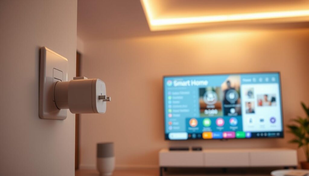A sleek, modern interior with a focus on smart home technology. In the foreground, a stylish smart plug protrudes from a wall outlet, its LED indicator glowing softly. The middle ground showcases a minimalist smart speaker, its matte finish blending seamlessly with the room's decor. In the background, a large flatscreen TV displays a visually striking smart home interface, with intuitive controls for lighting, climate, and security. Warm, indirect lighting casts a cozy ambiance, while clean lines and a neutral color palette evoke a sense of sophistication and technological integration. The overall scene conveys the effortless convenience and elegant aesthetic of a well-designed smart home ecosystem. A sleek, modern interior with a focus on smart home technology. In the foreground, a stylish smart plug protrudes from a wall outlet, its LED indicator glowing softly. The middle ground showcases a minimalist smart speaker, its matte finish blending seamlessly with the room's decor. In the background, a large flatscreen TV displays a visually striking smart home interface, with intuitive controls for lighting, climate, and security. Warm, indirect lighting casts a cozy ambiance, while clean lines and a neutral color palette evoke a sense of sophistication and technological integration. The overall scene conveys the effortless convenience and elegant aesthetic of a well-designed smart home ecosystem.
