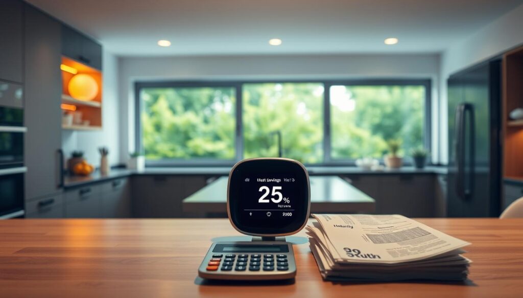 A sleek, modern kitchen interior with a state-of-the-art smart thermostat prominently displayed on the wall. Warm, soft lighting illuminates the space, casting a cozy glow. In the foreground, a calculator and a stack of energy bills symbolize the long-term cost savings achieved through the smart thermostat's efficient climate control. The middle ground features a digital display showing historical energy usage data and projected monthly savings. In the background, a lush, verdant garden scene can be seen through the kitchen's large windows, conveying a sense of sustainability and environmental consciousness. The overall atmosphere exudes a sense of domestic tranquility, technological innovation, and financial prudence. A sleek, modern kitchen interior with a state-of-the-art smart thermostat prominently displayed on the wall. Warm, soft lighting illuminates the space, casting a cozy glow. In the foreground, a calculator and a stack of energy bills symbolize the long-term cost savings achieved through the smart thermostat's efficient climate control. The middle ground features a digital display showing historical energy usage data and projected monthly savings. In the background, a lush, verdant garden scene can be seen through the kitchen's large windows, conveying a sense of sustainability and environmental consciousness. The overall atmosphere exudes a sense of domestic tranquility, technological innovation, and financial prudence.