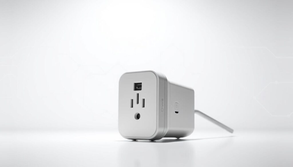 A sleek, modern smart plug showcased in a well-lit, minimalist setting. In the foreground, the plug's intuitive controls and security features are prominently displayed, including indicator lights, WiFi connectivity, and tamper-proof design. The middle ground features a clean, white background, allowing the plug to take center stage. In the background, subtle technology-inspired elements, such as circuitry patterns or digital wireframes, create a sense of advanced functionality. The overall composition conveys a sense of security, reliability, and seamless integration with the user's connected home ecosystem. A sleek, modern smart plug showcased in a well-lit, minimalist setting. In the foreground, the plug's intuitive controls and security features are prominently displayed, including indicator lights, WiFi connectivity, and tamper-proof design. The middle ground features a clean, white background, allowing the plug to take center stage. In the background, subtle technology-inspired elements, such as circuitry patterns or digital wireframes, create a sense of advanced functionality. The overall composition conveys a sense of security, reliability, and seamless integration with the user's connected home ecosystem.