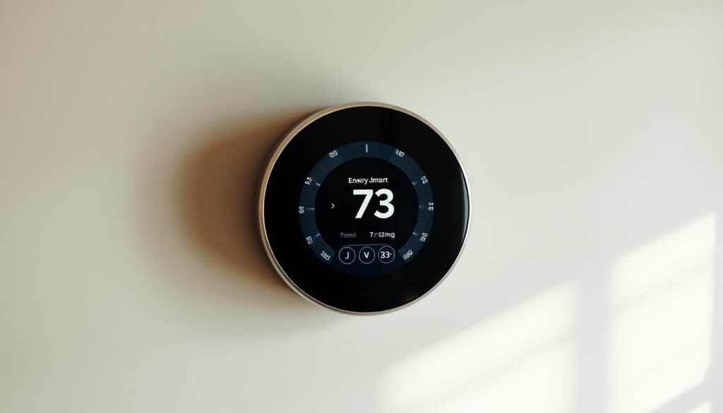 A sleek, modern smart thermostat mounted on a minimalist, light-colored wall. The thermostat's display shows detailed energy monitoring features, including real-time energy consumption data, historical usage trends, and smart home integration options. Soft, directional lighting illuminates the thermostat, casting subtle shadows and highlighting its clean, minimalist design. The scene has a warm, technological atmosphere, conveying the advanced energy-saving capabilities of the smart thermostat. A sleek, modern smart thermostat mounted on a minimalist, light-colored wall. The thermostat's display shows detailed energy monitoring features, including real-time energy consumption data, historical usage trends, and smart home integration options. Soft, directional lighting illuminates the thermostat, casting subtle shadows and highlighting its clean, minimalist design. The scene has a warm, technological atmosphere, conveying the advanced energy-saving capabilities of the smart thermostat.