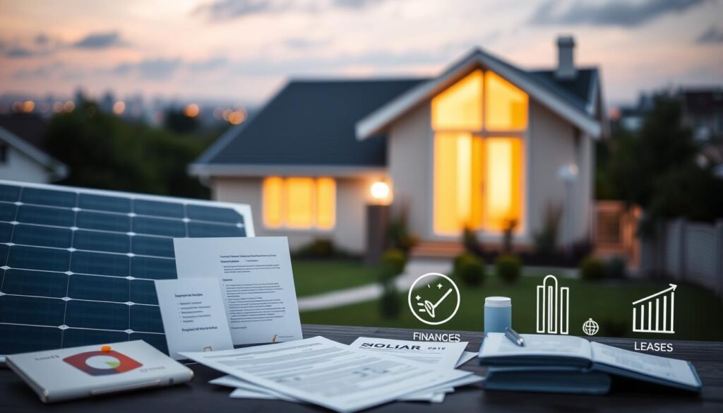 A sleek, modern solar panel system prominently displayed in the foreground, surrounded by a variety of financial documents and icons representing different financing options such as loans, leases, and tax credits. In the middle ground, a well-lit home exterior with a clean, minimalist design. The background features a softly blurred cityscape, hinting at the broader context of sustainable energy adoption. The overall mood is one of informed, considered decision-making, with a focus on the practical and financial aspects of transitioning to solar power. A sleek, modern solar panel system prominently displayed in the foreground, surrounded by a variety of financial documents and icons representing different financing options such as loans, leases, and tax credits. In the middle ground, a well-lit home exterior with a clean, minimalist design. The background features a softly blurred cityscape, hinting at the broader context of sustainable energy adoption. The overall mood is one of informed, considered decision-making, with a focus on the practical and financial aspects of transitioning to solar power.