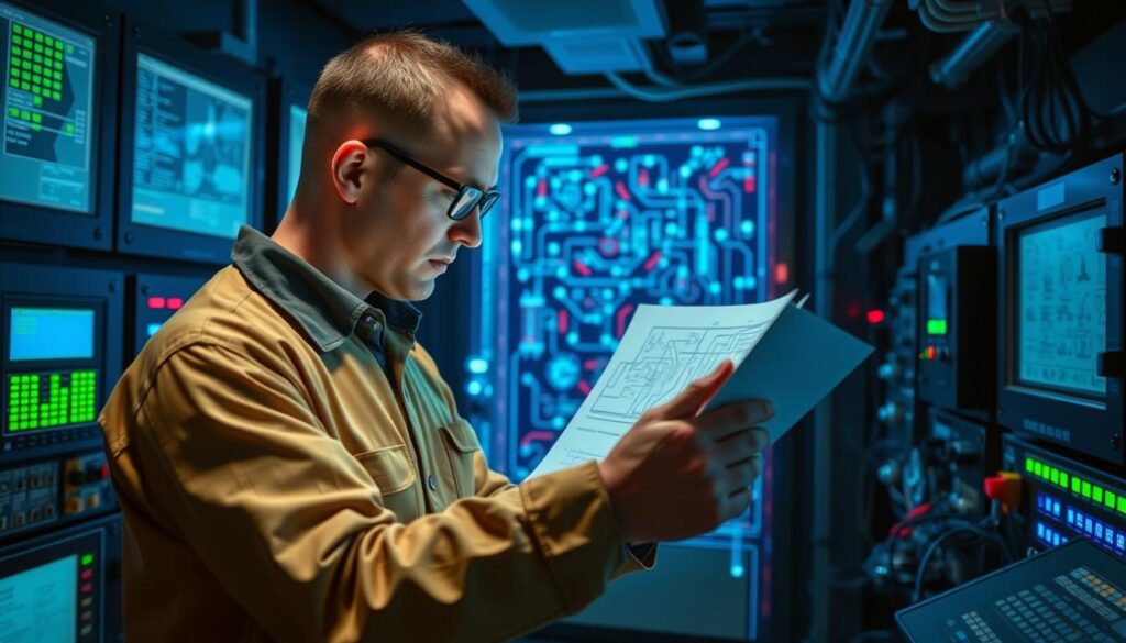 A technician in a smart grid control room, surrounded by displays and control panels, closely examining a schematic diagram and troubleshooting a complex electrical system. The room is dimly lit, with a cool, technical atmosphere, conveying the high-stakes, mission-critical nature of maintaining grid reliability. Soft blue and green lighting highlights the sophisticated electronics, while the technician's focused expression suggests the challenges of identifying and resolving issues in this intricate, interconnected network. The overall scene captures the essential role of skilled personnel in ensuring the resilience and dependability of the smart grid infrastructure. A technician in a smart grid control room, surrounded by displays and control panels, closely examining a schematic diagram and troubleshooting a complex electrical system. The room is dimly lit, with a cool, technical atmosphere, conveying the high-stakes, mission-critical nature of maintaining grid reliability. Soft blue and green lighting highlights the sophisticated electronics, while the technician's focused expression suggests the challenges of identifying and resolving issues in this intricate, interconnected network. The overall scene captures the essential role of skilled personnel in ensuring the resilience and dependability of the smart grid infrastructure.