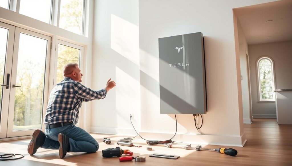 A technician kneeling down, carefully installing a sleek home battery storage system, such as a Tesla Powerwall, in a modern, minimalist home interior. Sunlight streams through large windows, casting warm, natural lighting on the scene. The battery's smooth, gray casing reflects the clean, contemporary design of the room. Tools and wiring are neatly organized, conveying the precision and expertise required for a professional installation. The overall atmosphere is one of efficiency, sustainability, and seamless integration of renewable energy technology into the home. A technician kneeling down, carefully installing a sleek home battery storage system, such as a Tesla Powerwall, in a modern, minimalist home interior. Sunlight streams through large windows, casting warm, natural lighting on the scene. The battery's smooth, gray casing reflects the clean, contemporary design of the room. Tools and wiring are neatly organized, conveying the precision and expertise required for a professional installation. The overall atmosphere is one of efficiency, sustainability, and seamless integration of renewable energy technology into the home.