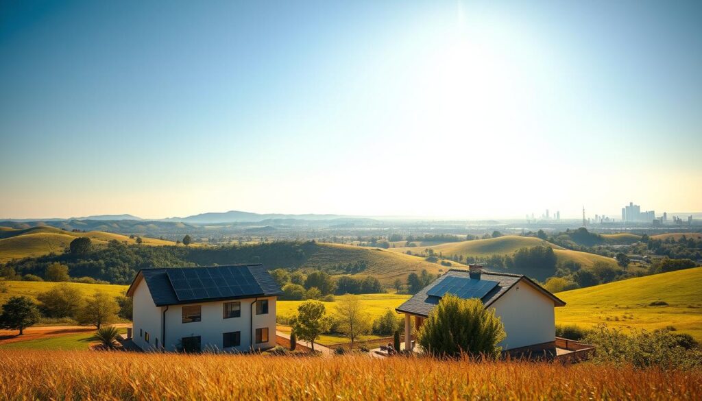 A vast, sun-drenched landscape with rolling hills and a clear blue sky. In the foreground, a modern home with solar panels adorning its rooftop, casting a warm, renewable glow. In the middle ground, lush greenery and flourishing trees, symbolizing the long-term sustainability of the solar investment. In the background, a cityscape with gleaming skyscrapers, highlighting the broader societal and environmental benefits of transitioning to clean energy. The scene is bathed in soft, diffused lighting, creating a sense of tranquility and optimism. The overall composition conveys the enduring, far-reaching advantages of a solar-powered home - from energy cost savings to environmental stewardship, all culminating in a future of renewable prosperity. A vast, sun-drenched landscape with rolling hills and a clear blue sky. In the foreground, a modern home with solar panels adorning its rooftop, casting a warm, renewable glow. In the middle ground, lush greenery and flourishing trees, symbolizing the long-term sustainability of the solar investment. In the background, a cityscape with gleaming skyscrapers, highlighting the broader societal and environmental benefits of transitioning to clean energy. The scene is bathed in soft, diffused lighting, creating a sense of tranquility and optimism. The overall composition conveys the enduring, far-reaching advantages of a solar-powered home - from energy cost savings to environmental stewardship, all culminating in a future of renewable prosperity.