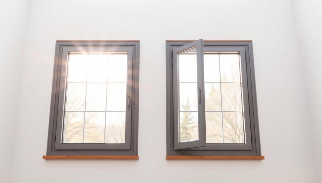 A well-lit, close-up shot of two energy-efficient windows in a modern, minimalist home setting. The windows have a sleek, contemporary frame design in a muted gray tone that seamlessly blends into the surrounding white walls. Sunlight streams through the large panes, casting a warm, diffused glow and highlighting the clarity of the glass. The windows are positioned to showcase their insulation properties, with a focus on the thin profile and high-quality seals. The scene conveys a sense of efficiency, comfort, and design-forward sensibility, providing a visually compelling representation of the subject matter. A well-lit, close-up shot of two energy-efficient windows in a modern, minimalist home setting. The windows have a sleek, contemporary frame design in a muted gray tone that seamlessly blends into the surrounding white walls. Sunlight streams through the large panes, casting a warm, diffused glow and highlighting the clarity of the glass. The windows are positioned to showcase their insulation properties, with a focus on the thin profile and high-quality seals. The scene conveys a sense of efficiency, comfort, and design-forward sensibility, providing a visually compelling representation of the subject matter.