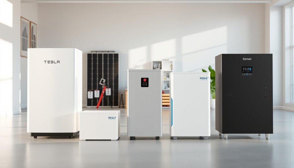 A well-lit, detailed comparison of popular home battery storage options, showcased in a clean, minimalist setting. In the foreground, prominent battery units like the Tesla Powerwall, LG Chem RESU, and Sonnen ECO are displayed side-by-side, their sleek designs and technical specifications visible. The middle ground features a subtle backdrop of energy grids and renewable power sources, hinting at the integration of these battery systems. The background is a bright, airy space with natural lighting, conveying a sense of modern, sustainable living. The overall mood is one of informed, technological sophistication, showcasing these battery storage options as viable, attractive solutions for the home. A well-lit, detailed comparison of popular home battery storage options, showcased in a clean, minimalist setting. In the foreground, prominent battery units like the Tesla Powerwall, LG Chem RESU, and Sonnen ECO are displayed side-by-side, their sleek designs and technical specifications visible. The middle ground features a subtle backdrop of energy grids and renewable power sources, hinting at the integration of these battery systems. The background is a bright, airy space with natural lighting, conveying a sense of modern, sustainable living. The overall mood is one of informed, technological sophistication, showcasing these battery storage options as viable, attractive solutions for the home.