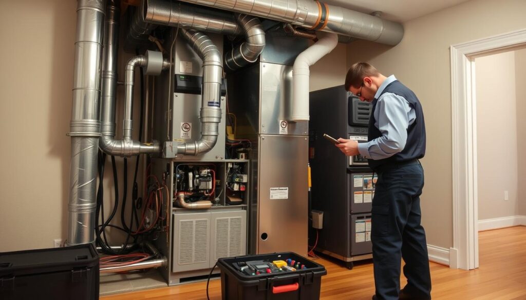 A well-lit, detailed interior scene of a home's HVAC system undergoing an efficiency evaluation. In the foreground, a technician in a uniform examines the inner workings of a furnace or air conditioning unit, a toolbox and diagnostic equipment nearby. The middle ground showcases the various components of the HVAC system, including ducts, vents, and control panels. In the background, the room's architecture is visible, with neutral-toned walls and hardwood floors, creating a professional, technical atmosphere. The lighting is bright and even, highlighting the intricate details of the machinery. The overall mood conveys a sense of thorough, methodical inspection to assess the system's energy efficiency. A well-lit, detailed interior scene of a home's HVAC system undergoing an efficiency evaluation. In the foreground, a technician in a uniform examines the inner workings of a furnace or air conditioning unit, a toolbox and diagnostic equipment nearby. The middle ground showcases the various components of the HVAC system, including ducts, vents, and control panels. In the background, the room's architecture is visible, with neutral-toned walls and hardwood floors, creating a professional, technical atmosphere. The lighting is bright and even, highlighting the intricate details of the machinery. The overall mood conveys a sense of thorough, methodical inspection to assess the system's energy efficiency.