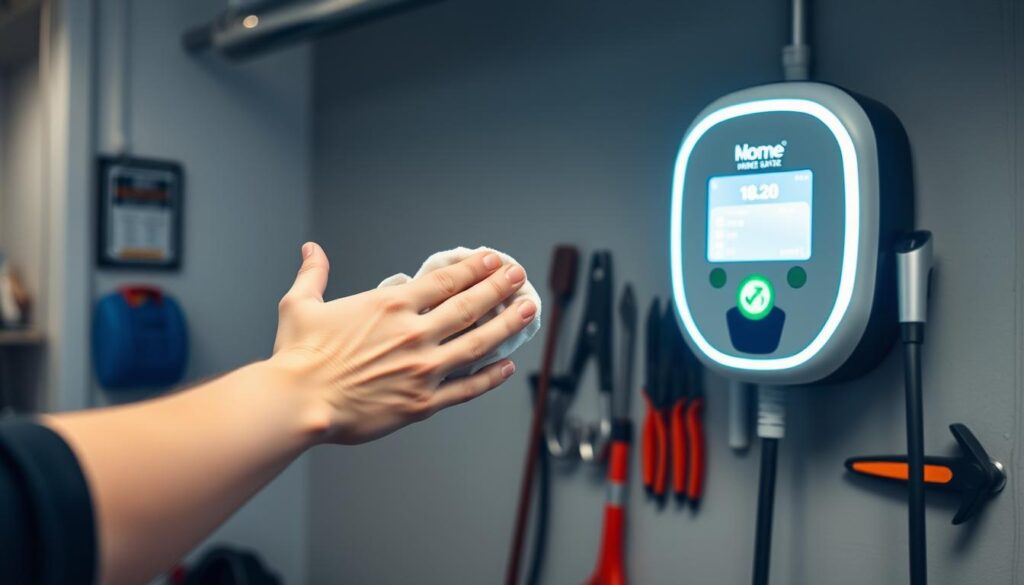 A well-lit garage interior, with a sleek, modern EV home charger mounted on the wall. The charger's display panel is illuminated, providing crucial charging status information. In the foreground, a person's hands are gently wiping the charger's surface, maintaining its pristine condition. The background features neatly organized tools and equipment, suggesting a dedicated space for EV maintenance. The overall scene conveys a sense of care, attention to detail, and a commitment to keeping the EV charging station in optimal working order. A well-lit garage interior, with a sleek, modern EV home charger mounted on the wall. The charger's display panel is illuminated, providing crucial charging status information. In the foreground, a person's hands are gently wiping the charger's surface, maintaining its pristine condition. The background features neatly organized tools and equipment, suggesting a dedicated space for EV maintenance. The overall scene conveys a sense of care, attention to detail, and a commitment to keeping the EV charging station in optimal working order.