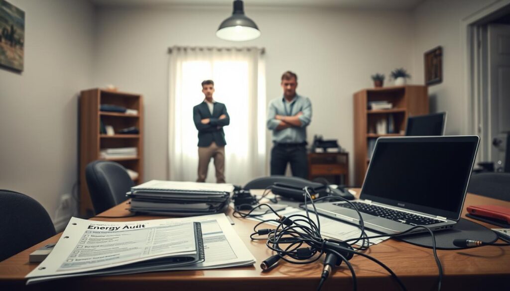 A well-lit office interior with a cluttered desk featuring an outdated energy audit checklist, a disconnected laptop, and a tangle of power cords. In the background, a distracted homeowner stands perplexed, overlooking the haphazard scene. Soft shadows cast by a single overhead light contribute to the sense of missed opportunities and inefficient auditing practices. The overall composition conveys a mood of confusion and lost potential for energy savings. A well-lit office interior with a cluttered desk featuring an outdated energy audit checklist, a disconnected laptop, and a tangle of power cords. In the background, a distracted homeowner stands perplexed, overlooking the haphazard scene. Soft shadows cast by a single overhead light contribute to the sense of missed opportunities and inefficient auditing practices. The overall composition conveys a mood of confusion and lost potential for energy savings.