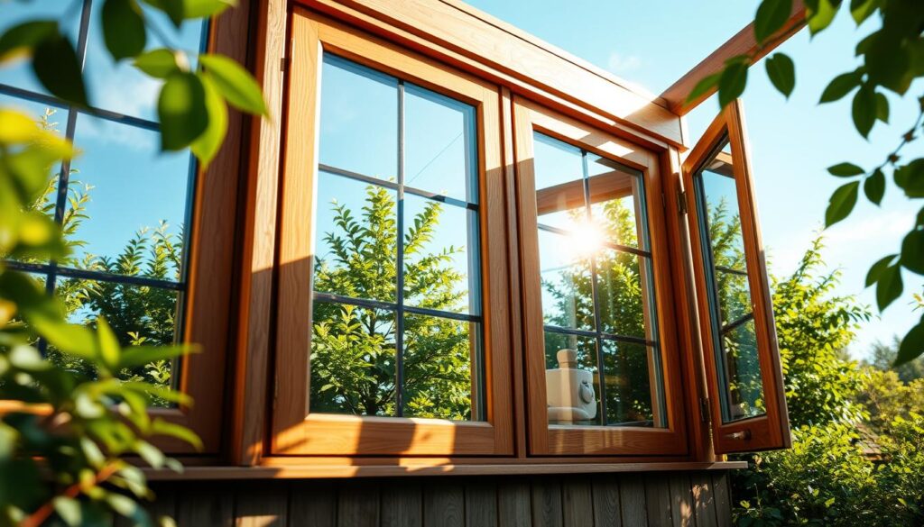 a close-up view of energy-efficient windows made of environmentally-friendly materials like recycled glass and sustainable wood frames, set against a backdrop of lush green foliage and a clear blue sky, with warm natural lighting casting a soft glow across the scene, conveying a sense of eco-friendly comfort and sustainability a close-up view of energy-efficient windows made of environmentally-friendly materials like recycled glass and sustainable wood frames, set against a backdrop of lush green foliage and a clear blue sky, with warm natural lighting casting a soft glow across the scene, conveying a sense of eco-friendly comfort and sustainability