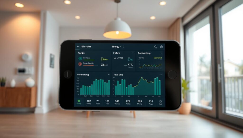 a mobile device displaying a sophisticated energy monitoring app with real-time data visualizations, set against a background of a modern, minimalist smart home interior with clean lines, neutral colors, and smart home devices like a thermostat and lighting controls visible. The scene is bathed in warm, natural lighting from large windows, creating a calming, efficient atmosphere. The composition emphasizes the seamless integration of mobile technology and home energy management, showcasing the role of apps in empowering users to monitor and optimize their home's energy consumption. a mobile device displaying a sophisticated energy monitoring app with real-time data visualizations, set against a background of a modern, minimalist smart home interior with clean lines, neutral colors, and smart home devices like a thermostat and lighting controls visible. The scene is bathed in warm, natural lighting from large windows, creating a calming, efficient atmosphere. The composition emphasizes the seamless integration of mobile technology and home energy management, showcasing the role of apps in empowering users to monitor and optimize their home's energy consumption.